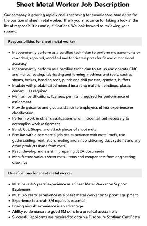 sheet metal helper job description|sheet metal worker responsibilities.